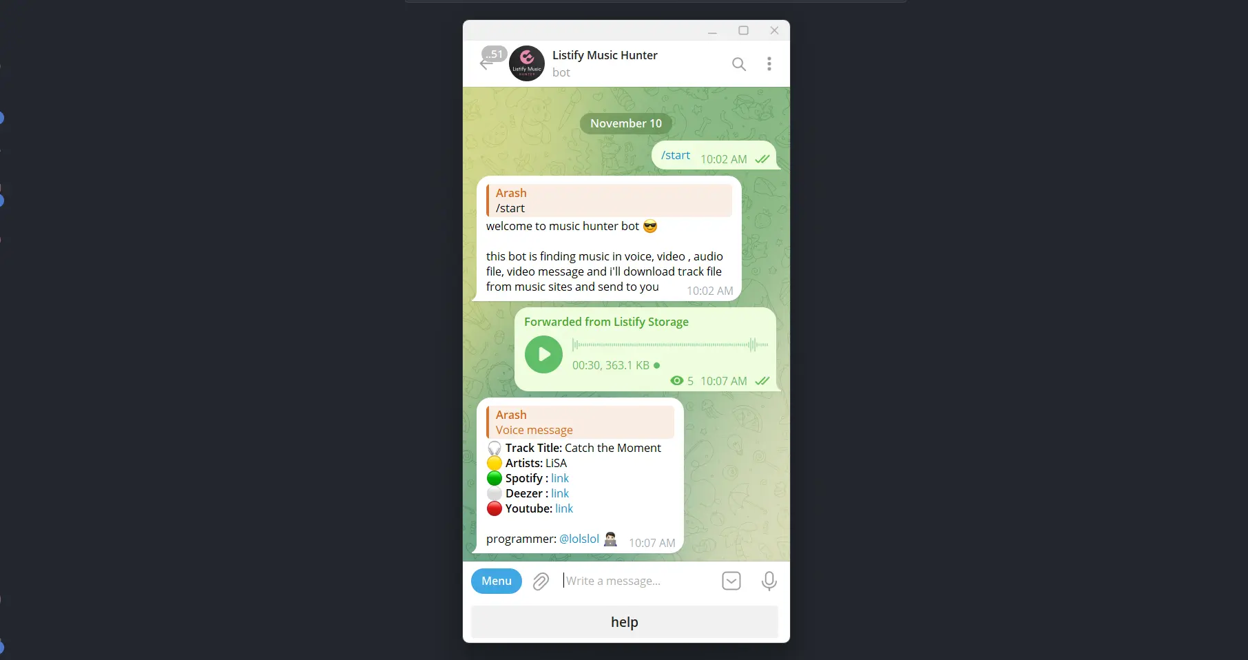 Music recognization telegram bot